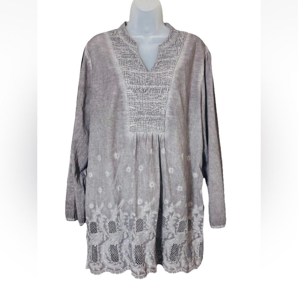 Sweet Magnolia Womens Gray Roll Tab Sleeve Eyelet Boho Pintuck Tunic Top Size XL